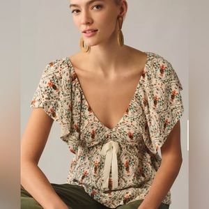 Anthropologie Deep-V Flutter-Sleeve Sweater Tee